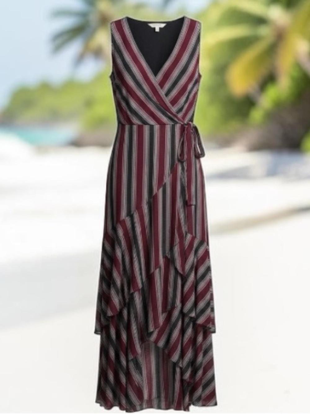 INC International Concepts Burgundy and Black Striped Wrap Maxi Dress